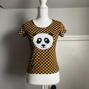 DG Dream Girl Checkerboard Panda Sequin Shirt Black Yellow Checkered Fitted Tee